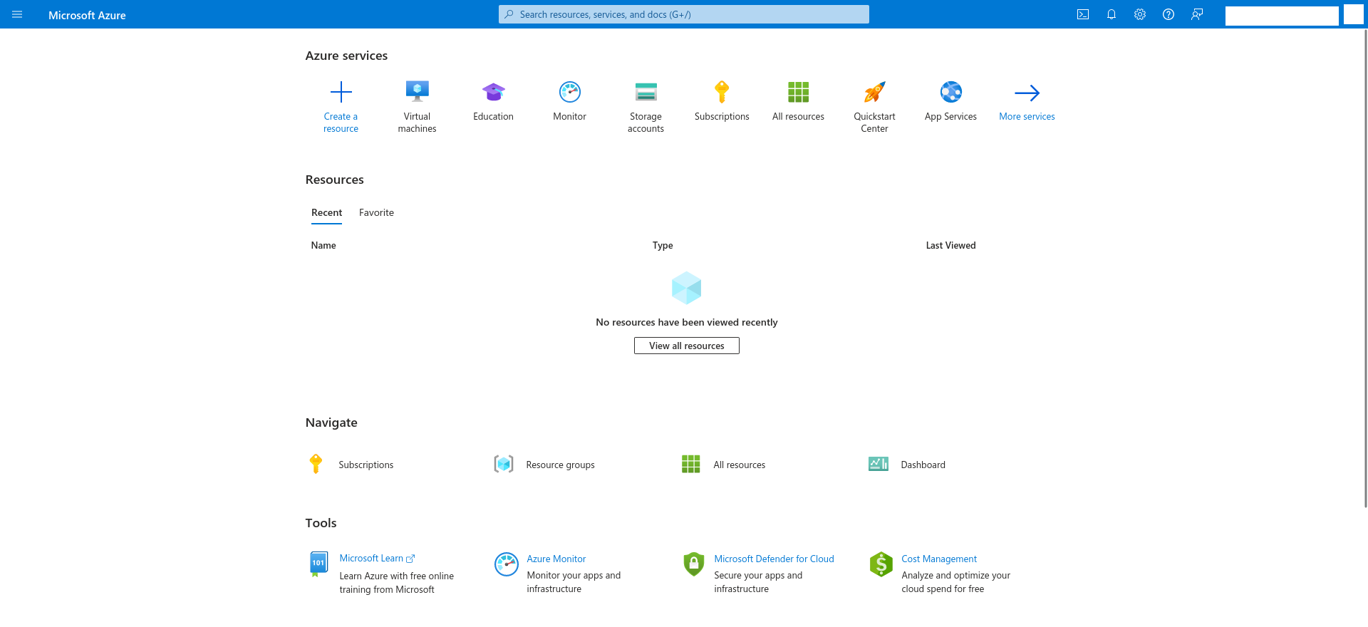 Tela inicial do Microsoft Azure. No topo dela aparece 'Azure Services'.